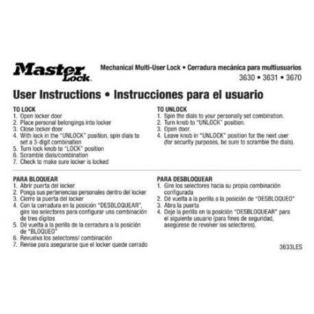 Master Lock 3633LES  English Spanish Padlock Instruction Magnets