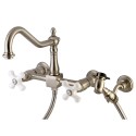 Kingston Brass KS124 Heritage 8" Center Wall Mount Kitchen Faucet w/ Wall Mounted Side Sprayer & porcelain cross handles Kingston Brass KS124 Heritage 8" Center Wall Mount Kitchen Faucet w/ Wall Mounted Side Sprayer & porcelain cross handles