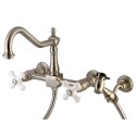 Kingston Brass KS124 Heritage 8" Center Wall Mount Kitchen Faucet w/ Wall Mounted Side Sprayer & porcelain cross handles