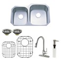 Kingston Brass KZGKUD3221RHF Gourmetier Undermount Double Bowl Kitchen Sink & Faucet Combo w/ Strainer, Grid & Soap Dispenser