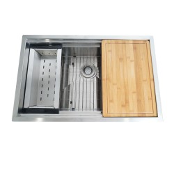 BOANN URD3220 Single Basin Stainless Steel Under mount Kitchen Sink w/sliding Cutting board & Colander