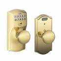 Schlage FE576 Built-in Alarm Camelot Collection Keypad Lock with Plymouth Knob and Autolock Lifetime Bright Brass