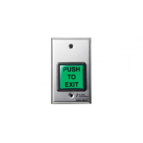 Alarm Controls 2” Square Green Illuminated Push Button Labeled “Poussez Pour Sortir"